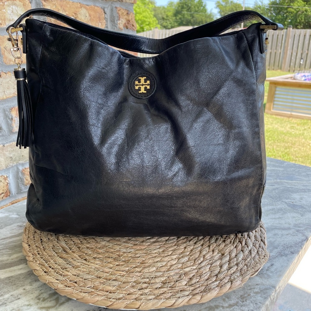 Tory Burch Dena Glazed Black Leather Bag EUC